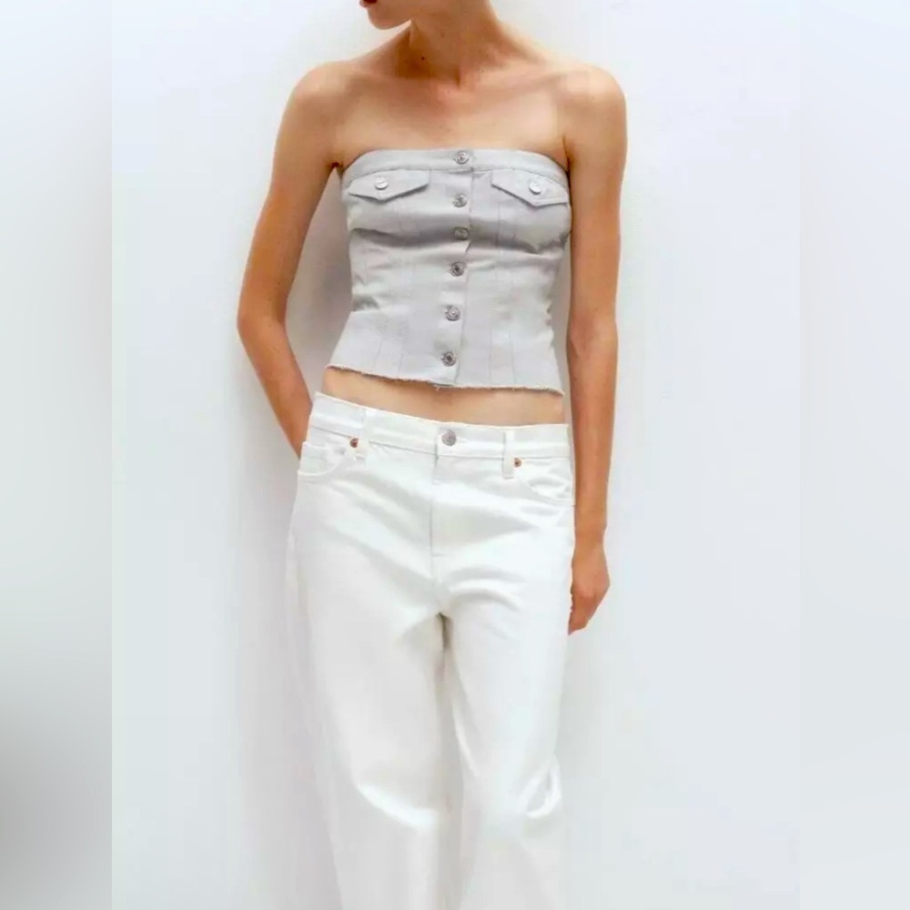 Zara NWOT Grey Silver Strapless Denim Button Up Tube Top